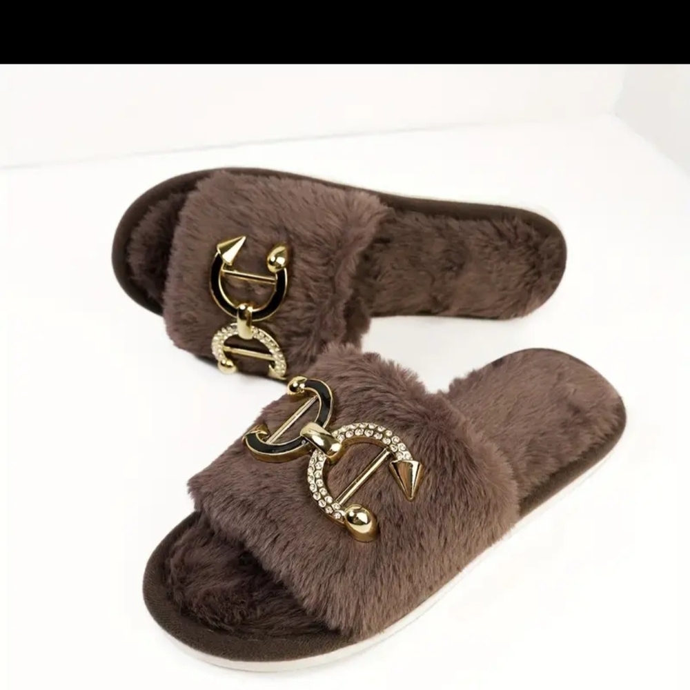 Brown Fur Slippers with Gold Accents